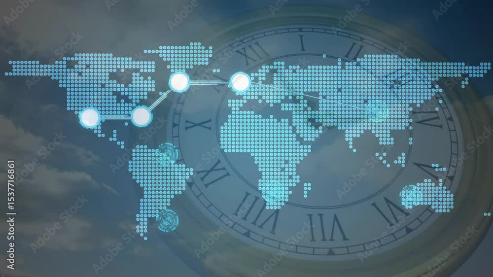 Poster opening on world map over analog clock face nodes fading in linking continents showcasing network