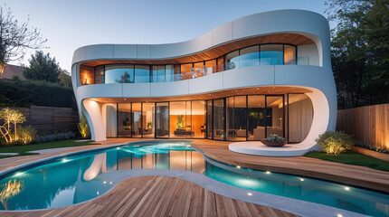 White minimalist villa architecture with round design and backyard swimming pool building exterior wallpaper background