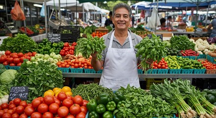 Smiling Vendor Selling Fresh Herbs and Vegetables at Local Farmers Market with Community Engagement and Sustainable Practices