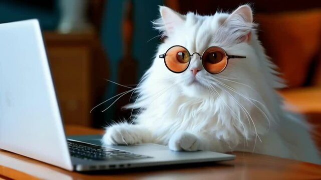 a fluffy white cat with glasses or sunglasses sits attentively at a laptop, offering a whimsical take on feline intelligence..