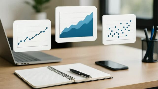 Three translucent panels show line, area and scatter charts hovering above a tidy wooden desk. Concept of real time data analytics.


