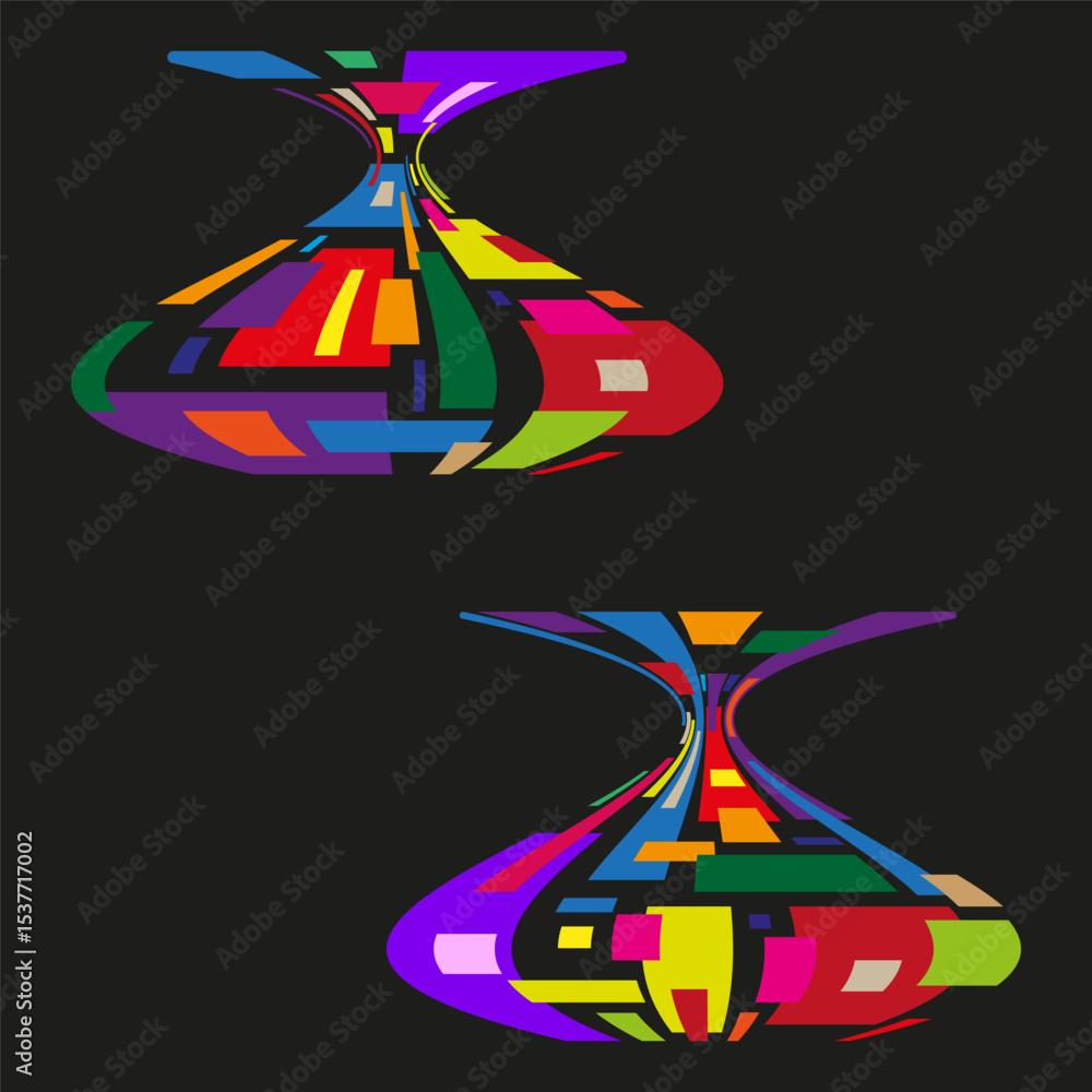Aufkleber curved vase shape. multicolor abstract vector. bright form on black. twisted container icon.