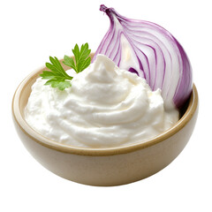 Creamy dip with red onion and parsley in bowl