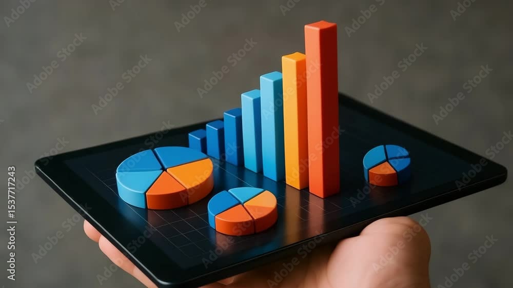 Poster a hand balances a tablet displaying colorful 3d like bar and pie charts rising from the screen. conc