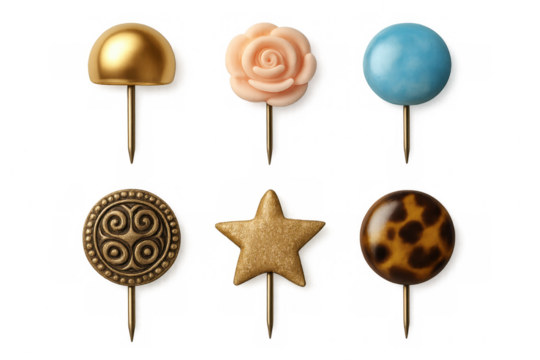 Decorative pushpins with varied shapes, crafted from different materials, arranged neatly on transparent surface - Powered by Adobe