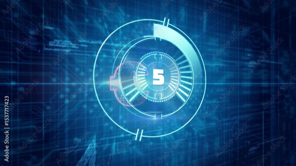 Poster circular timer starting countdown from ten to one while rotating pulsing rings boosting interface