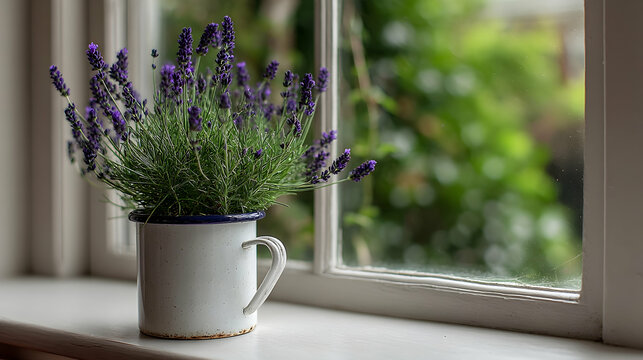 Lavender blooms in a white enamelware pot on a windowsill.
