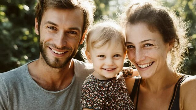 Parents hugging their smiling daughter outdoors, enjoying the warmth of a sunny day in nature. Celebrating togetherness and joy in a beautiful park surrounded by green trees