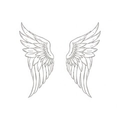 Obraz premium A detailed black and white line drawing of a pair of symmetrical angel wings with intricately layered feathers.