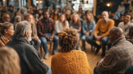 Diverse Community in Warmly Lit Town Hall Meeting Circle - Suitable for Social Engagement and Dialogue Themes