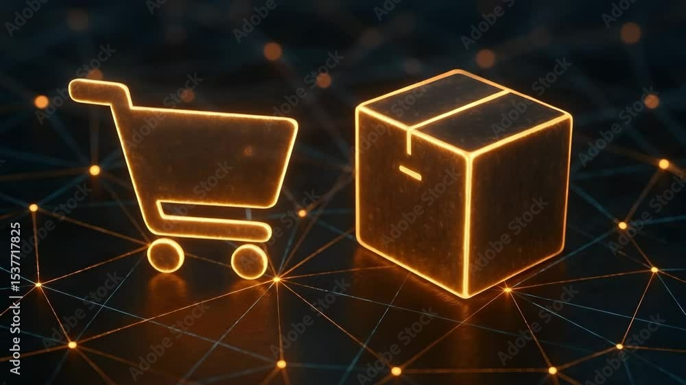 Poster a bright shopping cart outline and cube pulse on a futuristic network grid. concept of immersive onl