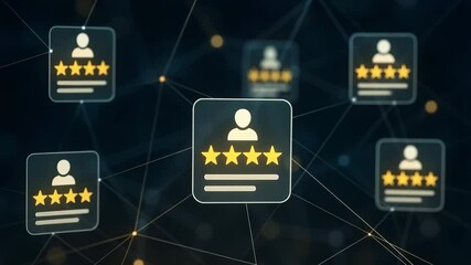 Multiple profile cards with five-star ratings glow across an interconnected dark grid. Concept of reputation analytics and trust metrics.