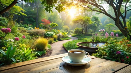 Serene Morning Coffee Break in a Lush Botanical Garden with a Winding Path