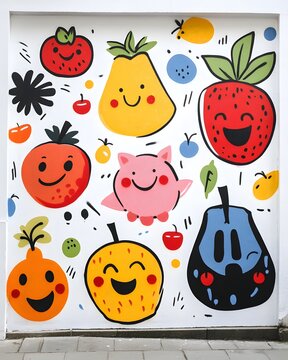 Naklejki A whimsical collection of funny cartoon fruits and vegetables, including apples, oranges, bananas, and strawberries, forming a vibrant, seamless vector illustration