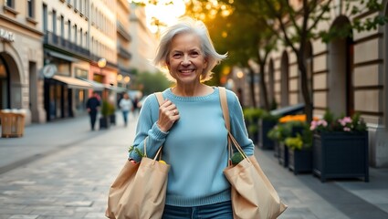 Smiling Senior Woman Walking City Street with Shopping Bags
