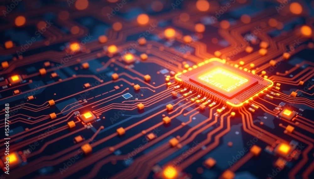 Poster close-up view of a lit-up central processing unit(cpu) on a circuit board. the cpu glows orange, hig