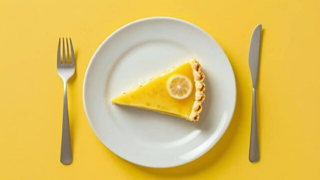 A minimalist flat lay of a single slice of lemon tart with a silver fork on a white plate, placed on a pale yellow background.
