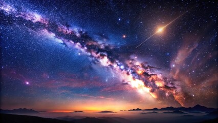 Majestic Night Sky Panorama Starry Milky Way Galaxy Arcing Over a Misty Mountain Range at Sunset