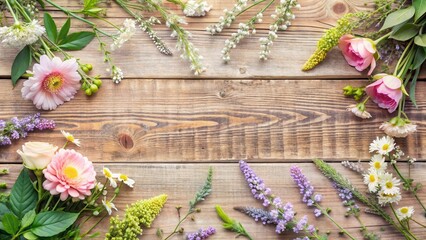Rustic Wooden Background Decorated with a Lovely Array of Fresh Cut Flowers and Greenery