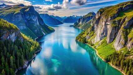 Serene Azure Waters Nestled Amongst Majestic Verdant Cliffs and Lush Evergreen Forests
