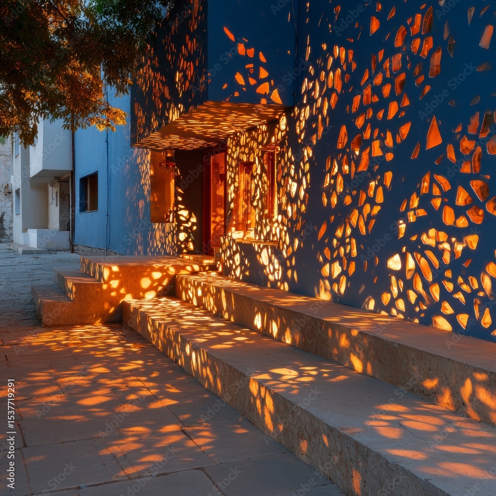 Poster architectural design illuminated building facade with intricate cutout pattern and steps