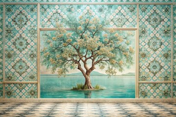 Serene Waterscape Mural with Flourishing Tree and Ornate Paneling in a Tranquil Room
