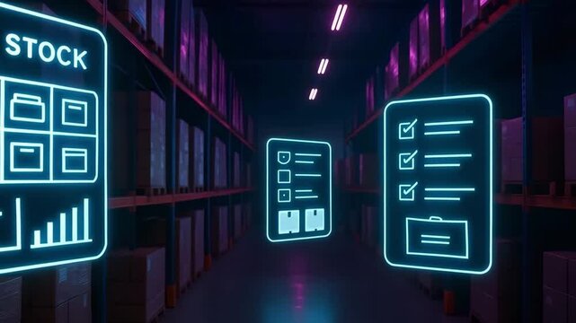 Floating holographic stock panels light a dark aisle between tall pallets. Concept of real time inventory analytics.

