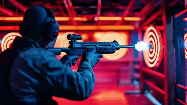 A shooter in an indoor shooting range, holding a firearm, focuses on a target as they release a shot.
