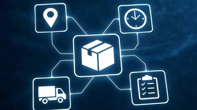 A glowing package square anchors five neon icons for truck, checklist, clock, locator and network. Concept of centralized delivery coordination.