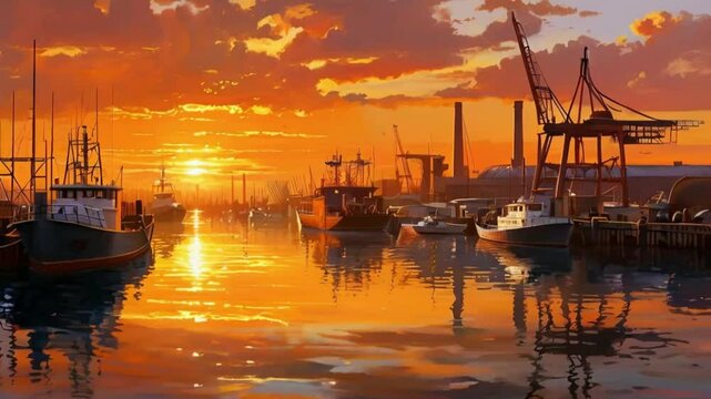 A tranquil sunset casts a warm orange glow over a picturesque industrial dock, surrounded by boats and ships in a large body of water.
