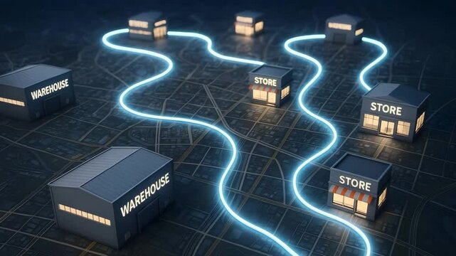 Electric blue lines weave across a city map linking warehouses to retail stores. Concept of optimized last mile distribution.
