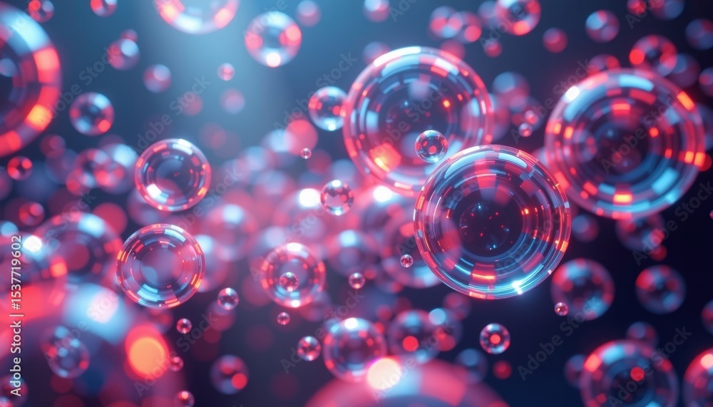 Poster a stunning collection of vibrant, glowing bubbles floating in mid-air, creating a mesmerizing visual
