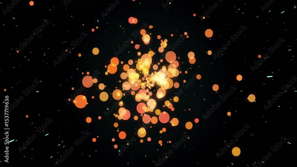 Poster initial glowing sphere cluster flickering expanding and swirling outward to create particle cloud