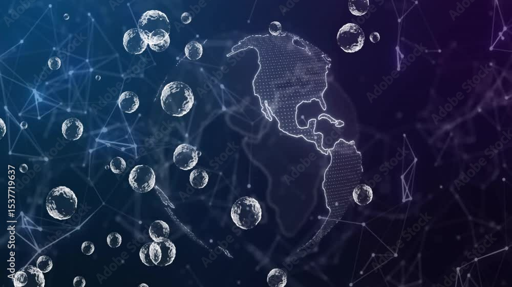Poster network nodes pulsing starting globe forming and rotating bubbles drifting showing network view
