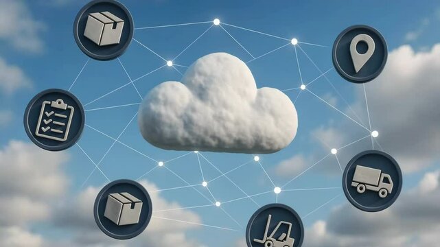 A fluffy cloud floats against blue sky while delivery icons connect in a glowing circle. Concept of cloud based supply chain visibility.