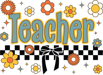 retro teacher checked vector Illustrator design for t-shirt or tote bags editable for back-to-school gifts ideal for teacher appreciation and classroom vibes