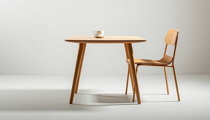 A minimalist wooden table and chair set with a single white cup placed on the table against a plain light background.
