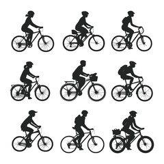 People Riding Bicycles Silhouettes with Helmets Set