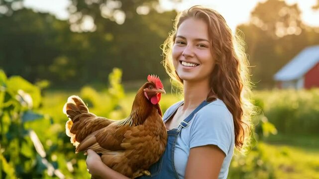 A young woman stands proudly holding a chicken, radiating joy in a sunny rural farm environment surrounded by greenery..