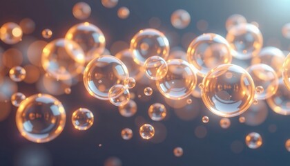Close-up of sparkling bubbles floating in the air, illuminated with a warm glow