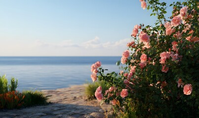 landscape with flowers evening photorealism, Generative AI