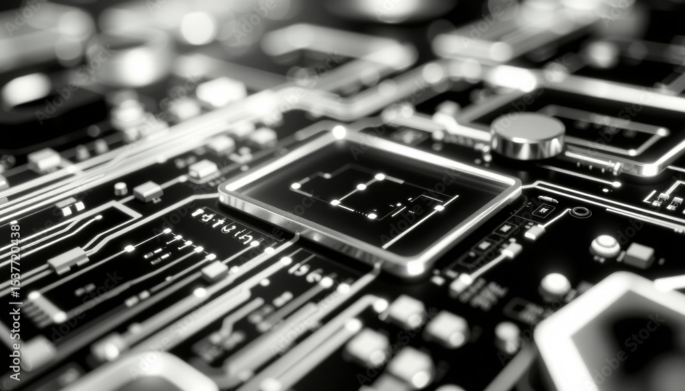 Poster close-up shot of a detailed computer circuit board with intricate electronic components