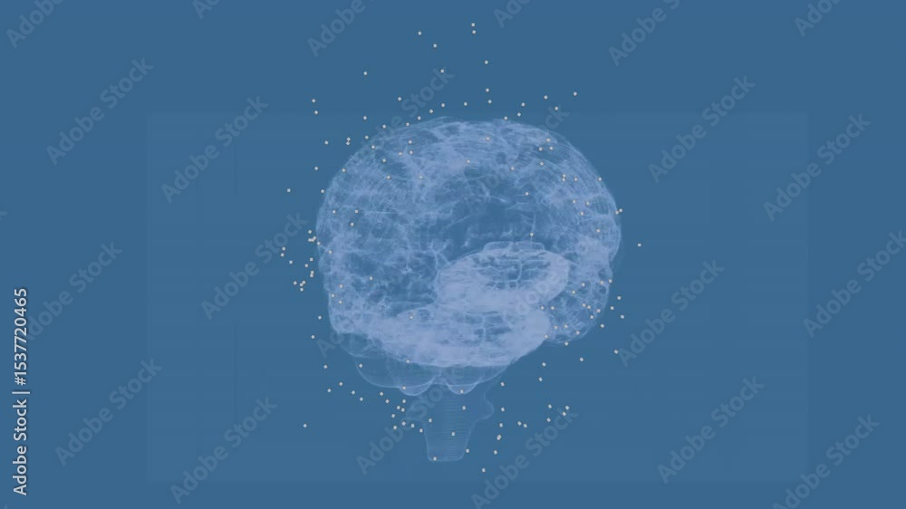 Poster at start particles aligning into translucent 3d brain forming then rotating to represent data flow