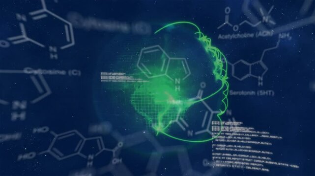 Green glow rising triggers green lines spiraling into brain sketch scrolling code showing molecules