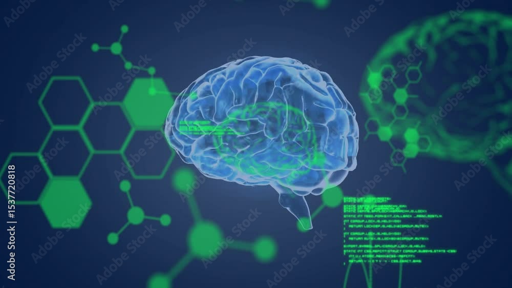 Poster on green code fade-in, 3d holographic brain rotating, revealing structures for display