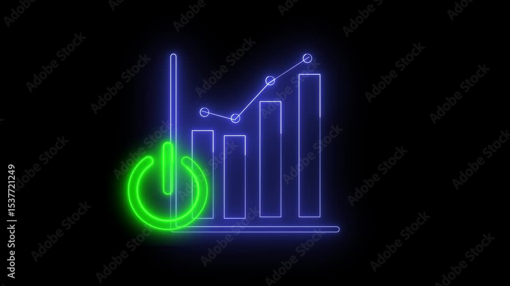 Poster neon light effect animation of graphics icon and power sign