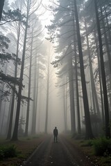 Fototapeta premium A lone person walks down a misty forest path surrounded by tall, slender trees, creating a serene and mysterious atmosphere.