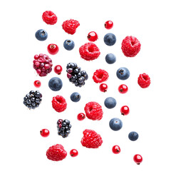 Fresh Berries Falling Dark Background Raspberries Blueberries Blackberries Red Currants