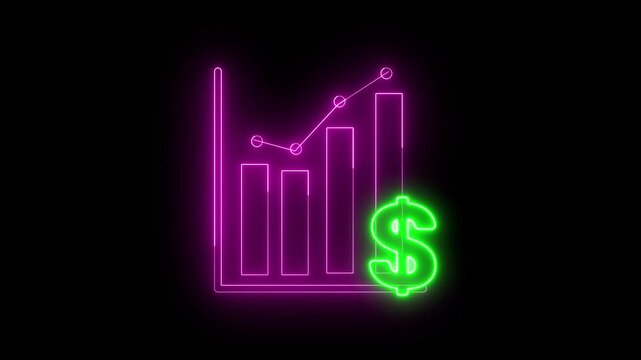 Neon light effect animation of bar and dot chart icons and money sign