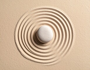 Zen Sand Garden with Raked Concentric Circles and Smooth Stone &ndash; Overhead View